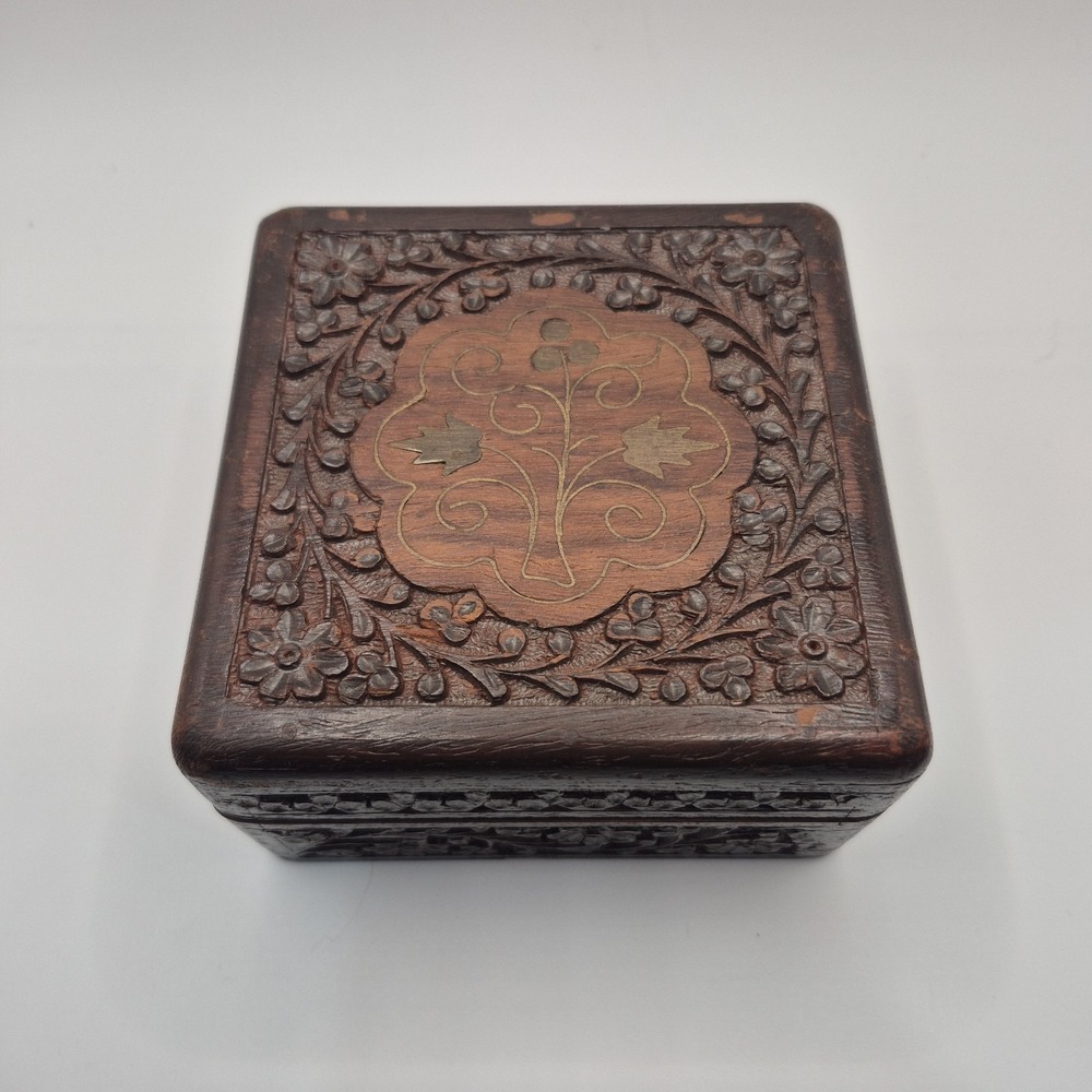 Vintage Wooden Jewelry Trinket Box Hand Carved Floral 4.5" x 4.5" x 2.75"